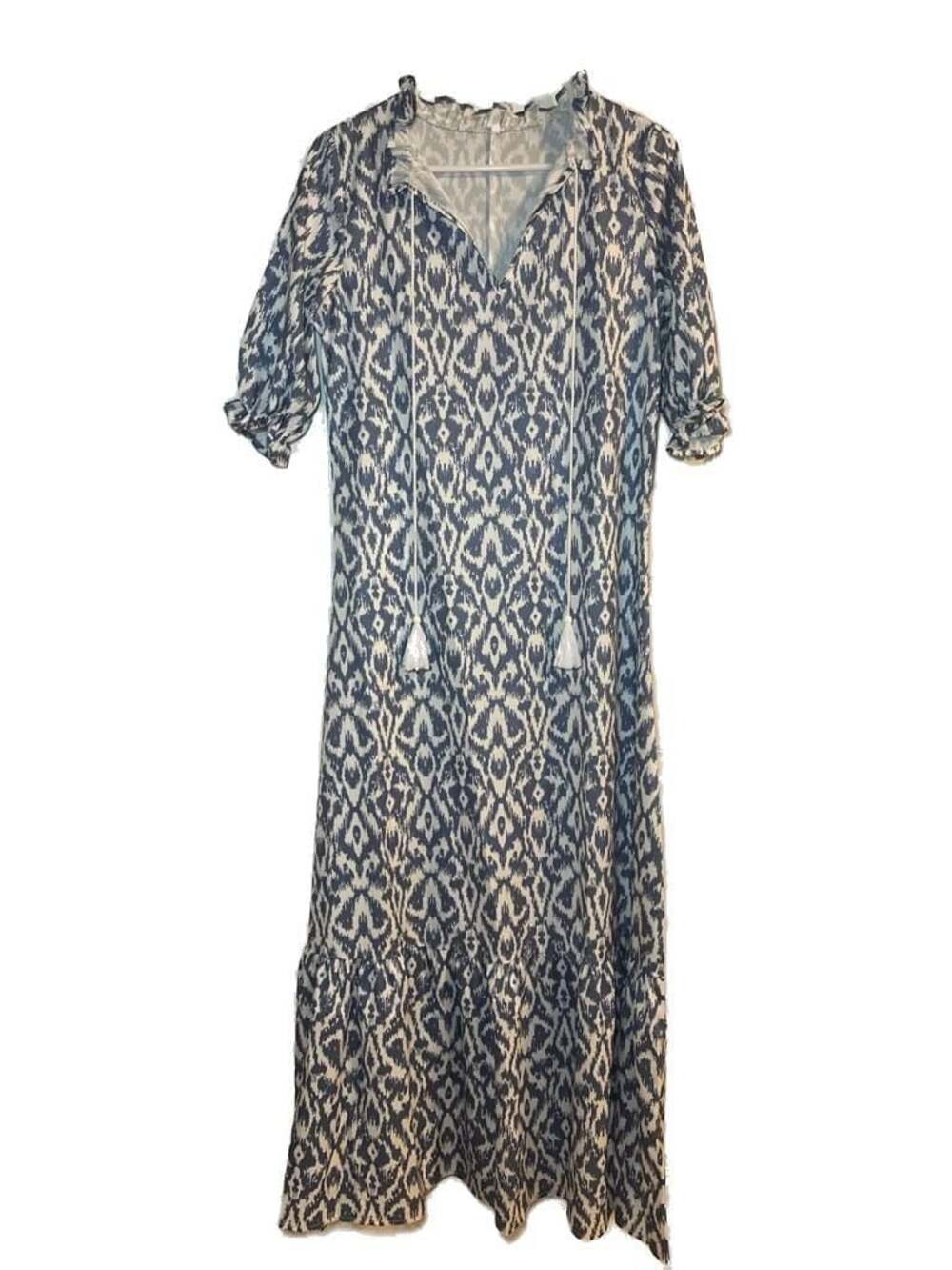 Boho Women's Ikat Print V-Neck Maxi Dress with Tassel Tie and Ruffled Details